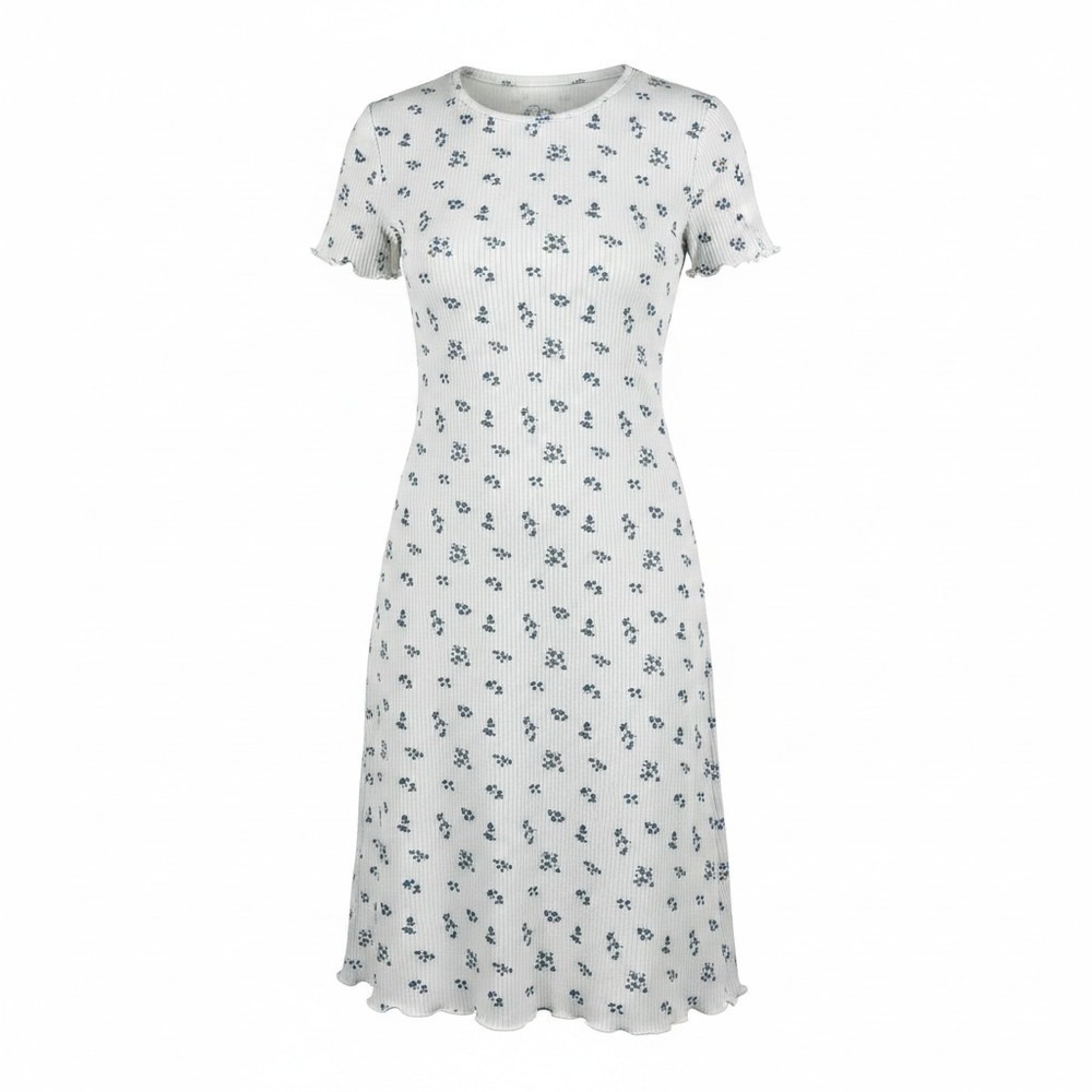 Art Class Girls White Blue Floral Ribbed Lettuce Edge Short Sleeve Dress M 8-10